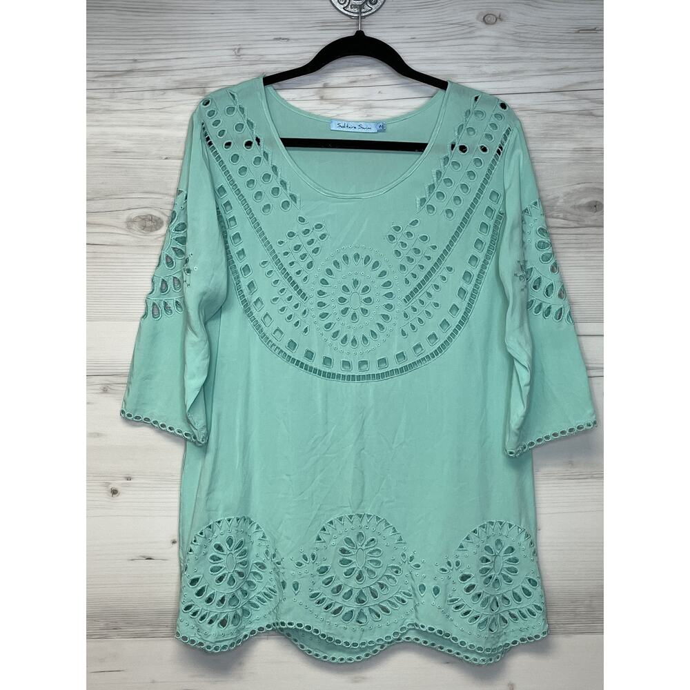 Solitaire Swim Tunic Top Womens L Aqua Blue Eyelet Rayon Boho Cover Up 13-901